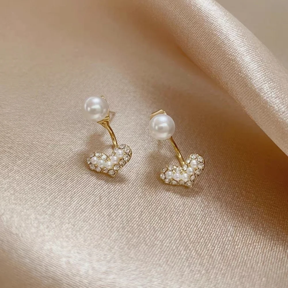 Pearl & Crystal Heart Earrings Dainty Romantic Everyday Style